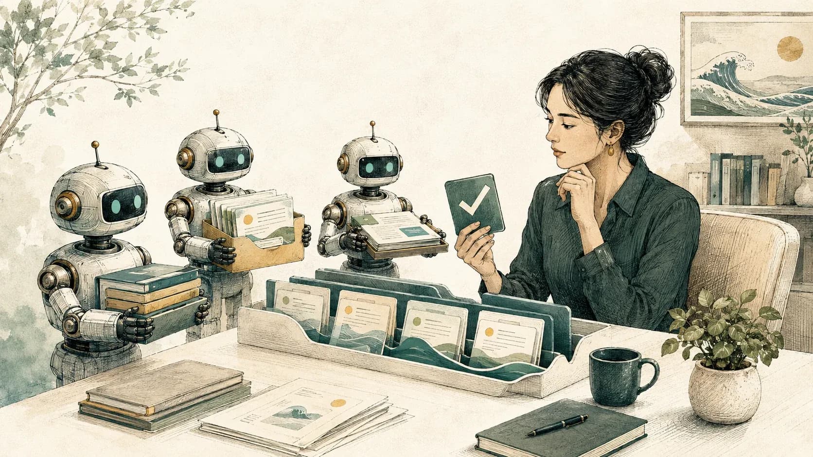 An operator reviews account work prepared by three small robot assistants.