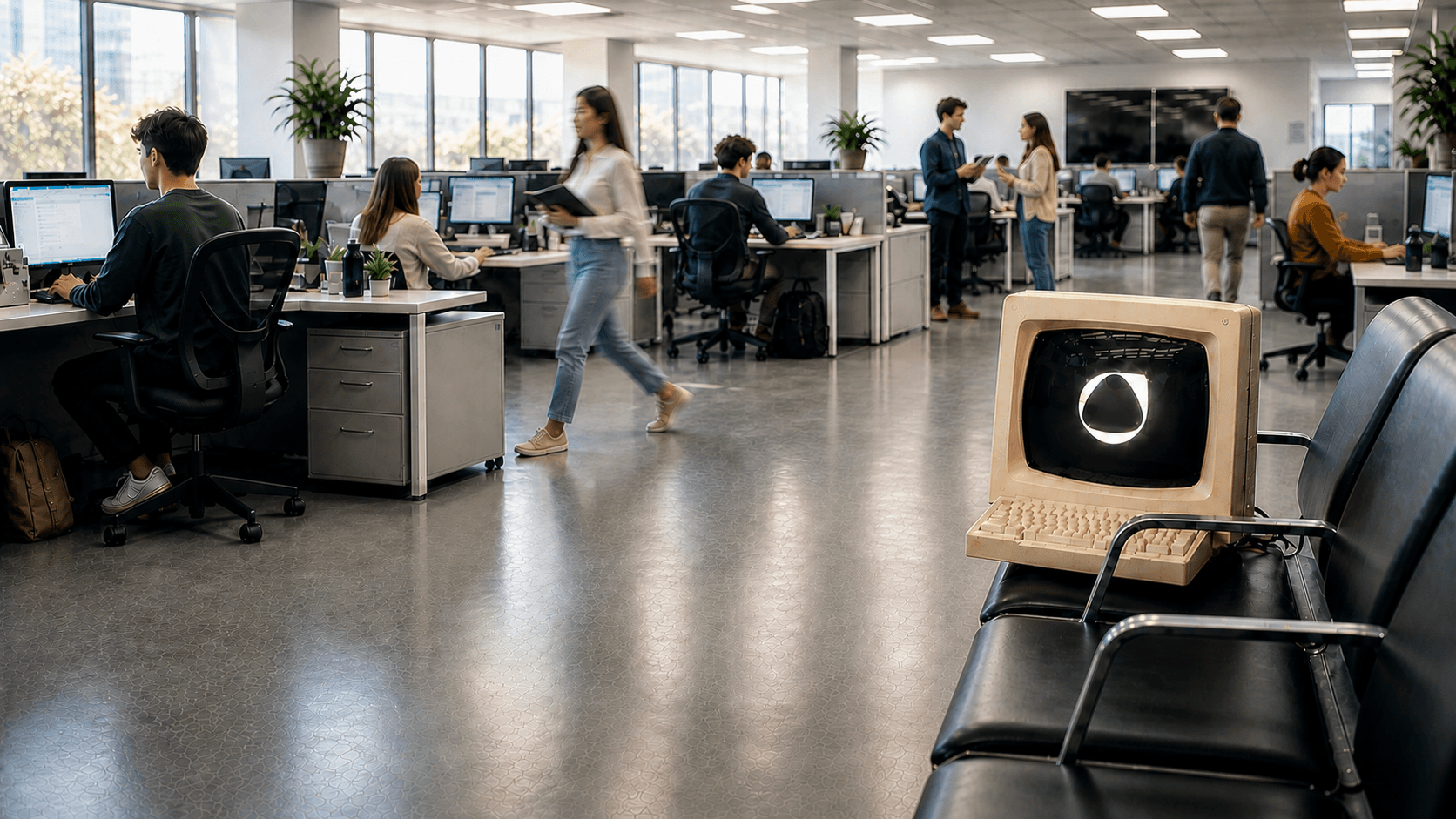 An active operations team working in a modern office