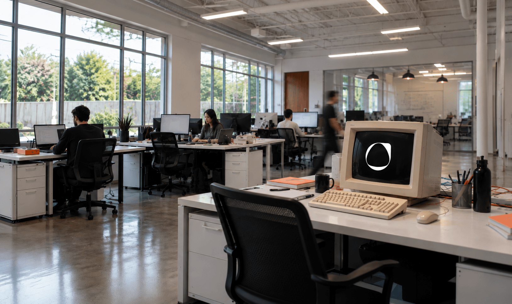 An active operations team working in a modern office